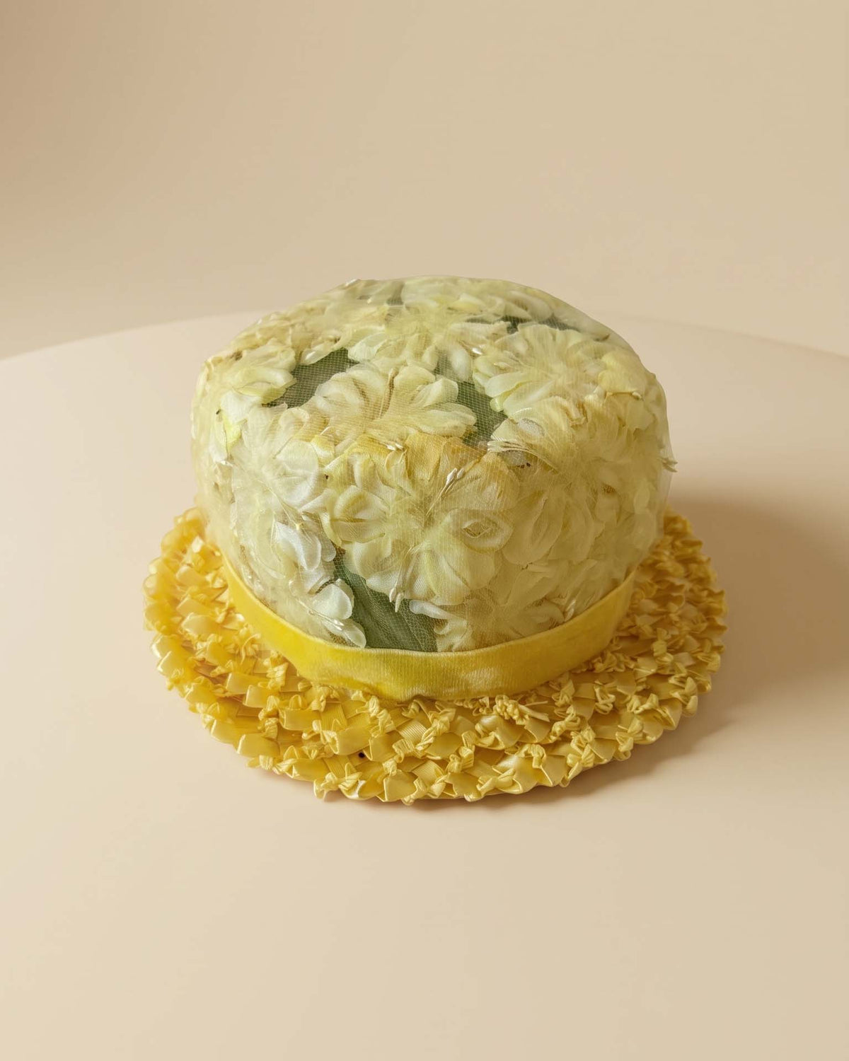 Vintage 1960s Yellow Floral Hat | Velvet Raffia Brim Flower Petal Garden Party Hat