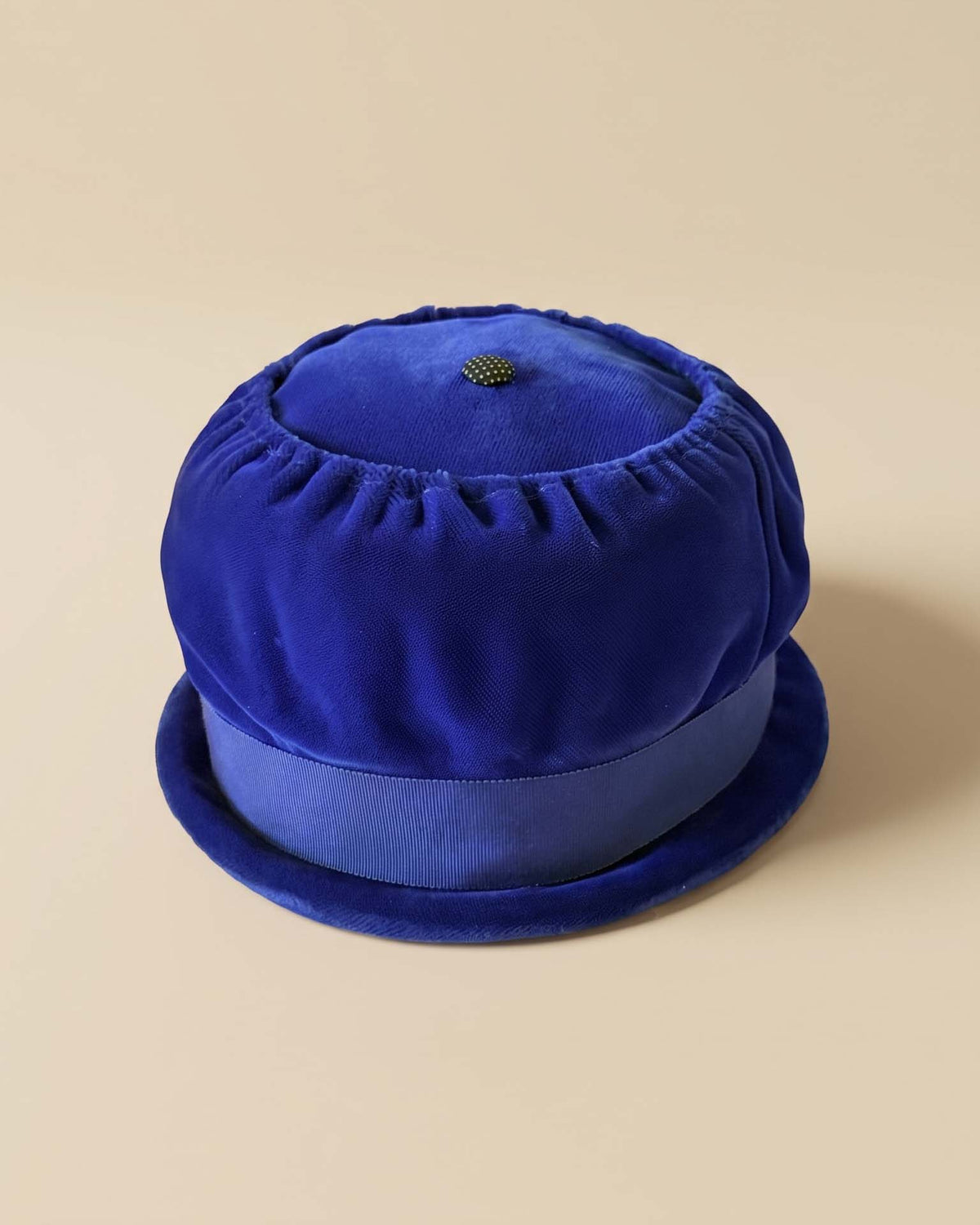 Vintage 1960s Cobalt Blue Velvet Breton Hat | Royal Blue Rolled Brim Grosgrain Ribbon Women's Hat