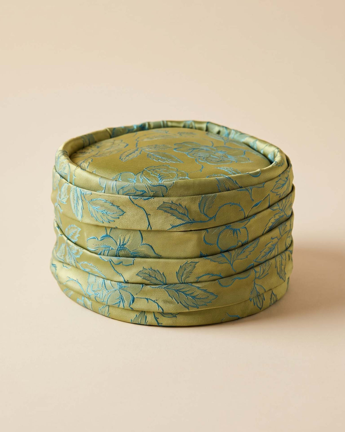Vintage 1960s Chartreuse Green Turquoise Floral Brocade Pillbox Hat | Pleated Mid Century Women's Hat