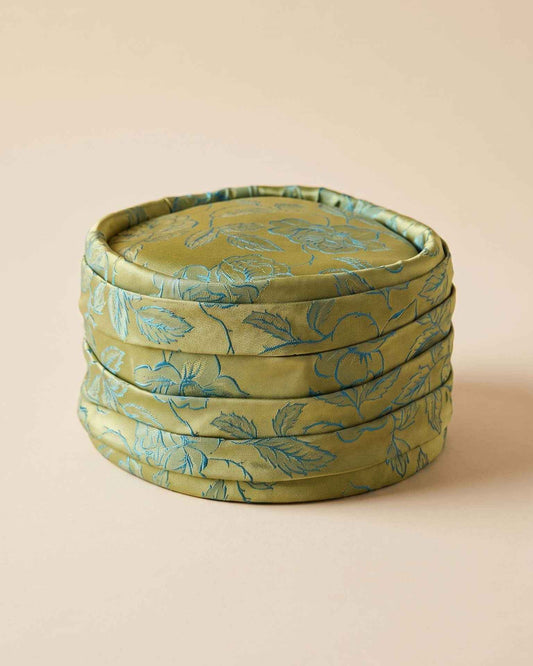 Vintage 1960s Chartreuse Green Turquoise Floral Brocade Pillbox Hat | Pleated Mid Century Women's Hat