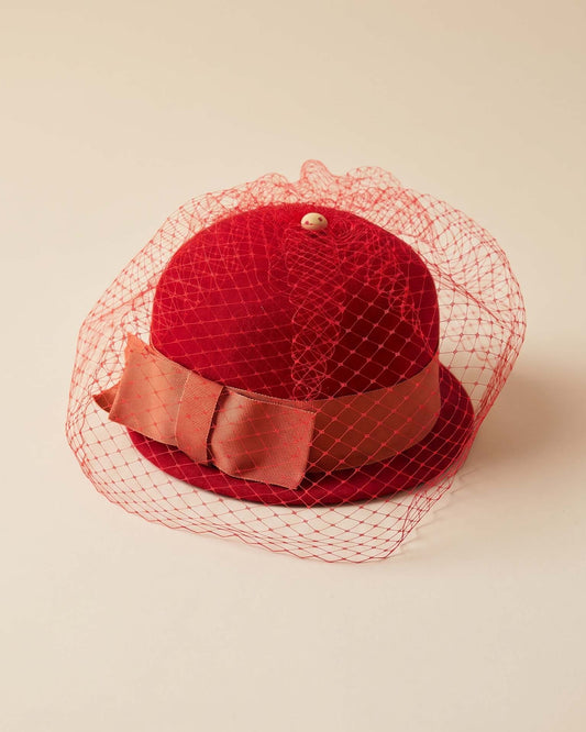 Vintage 1950s Red Wool Hat Coral Bow & Red Face Veil | Mid Century Veiled Cocktail Hat