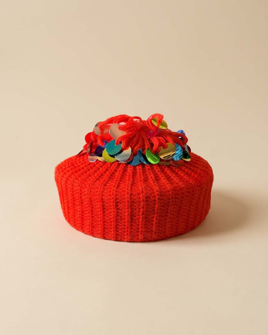 Vintage 1960s Orange Red Knit Hat with Multicolor Sequins &amp; Chin Ties | Mod Novelty Hat