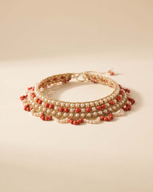 Vintage 1960s Coral Pearl Beaded Detachable Collar Gold Crochet Statement Necklace Scalloped Trim Bridal Fashion Accessory