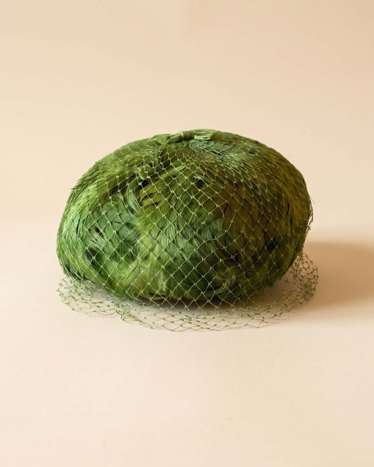 Vintage 1950s Olive Green Feather Pillbox Hat with Birdcage Veil | Mid Century Women's Cocktail Hat Bridal Millinery