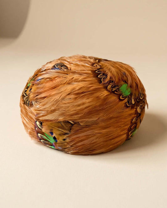 Vintage 1950s Feather Pillbox Hat Lucille Marden Copper Brown Pheasant Feathers Green Accents Mid Century Millinery
