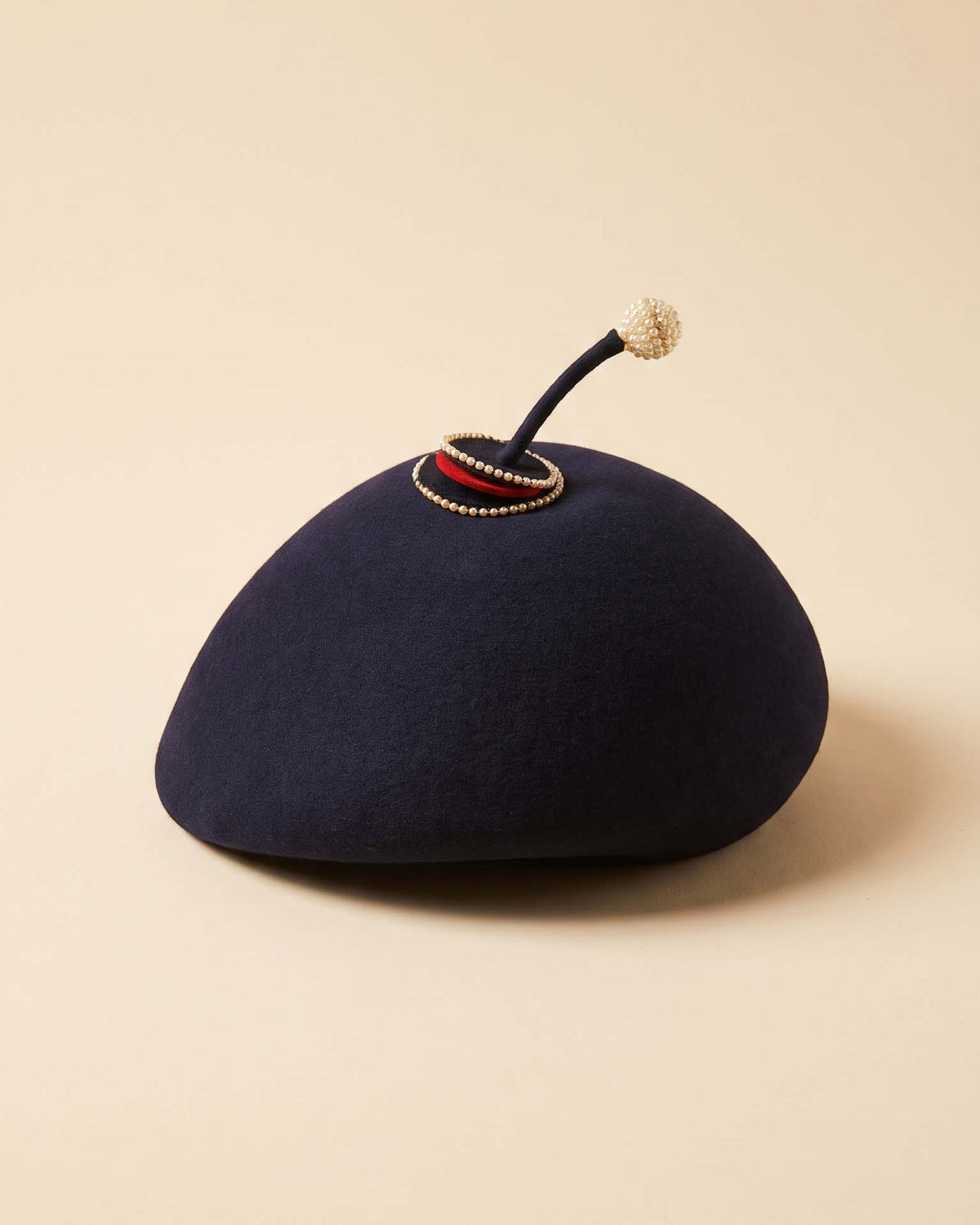 Vintage 1950s Navy Blue Wool Felt Beret Pearl Beaded Topper Whimsical Mid Century Designer Style Women's Hat