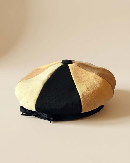 Vintage 1960s Color Block Beret Black Cream Camel Mod Velvet Style Women's Hat Retro Mid Century Fashion