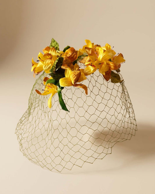 Vintage 1950s Floral Fascinator Hat Yellow Orange Flowers Olive Green Birdcage Veil Mid Century Wedding Millinery