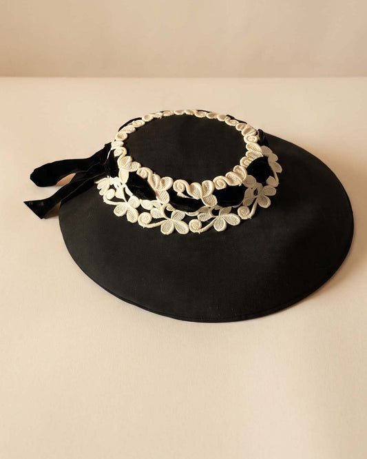 Vintage 1950s Black Wide Brim Picture Hat Ivory Embroidered Floral Lace Velvet Ribbon My Hat's A Michele Mid Century Millinery