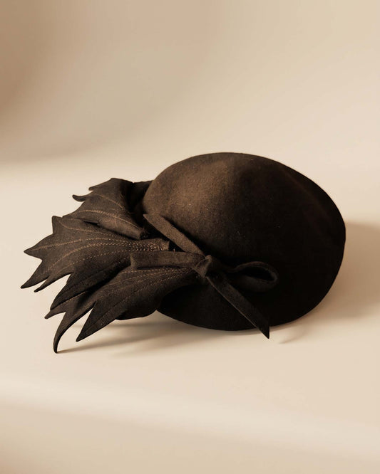 Vintage 1940s Black Wool Felt Tilt Hat Partridge Exclusive Sculptural Leaf Fascinator Mid Century Designer Millinery