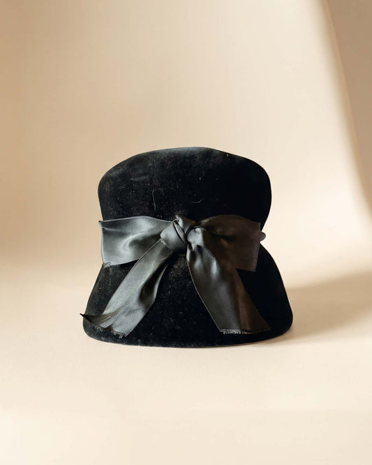 Vintage 1960s Black Velour Cloche Hat with Satin Bow | Tall Crown Mod Women's Hat | Mid Century Millinery