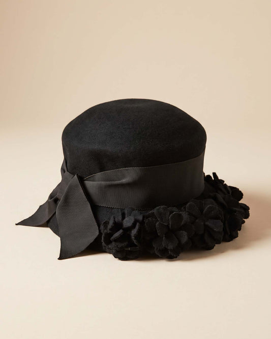 Vintage 1950s Dana Marte Black Felt Hat Floral Brim Grosgrain Ribbon Bow Mid Century Designer Millinery