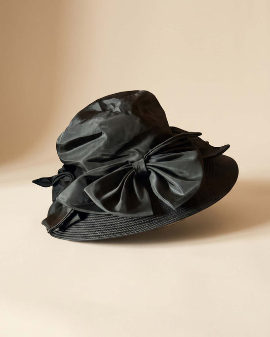 Vintage 1950s Black Audrey Hepburn Style Wide Brim Hat Oversized Satin Bow Modern Miss Hollywood Glamour Picture Hat