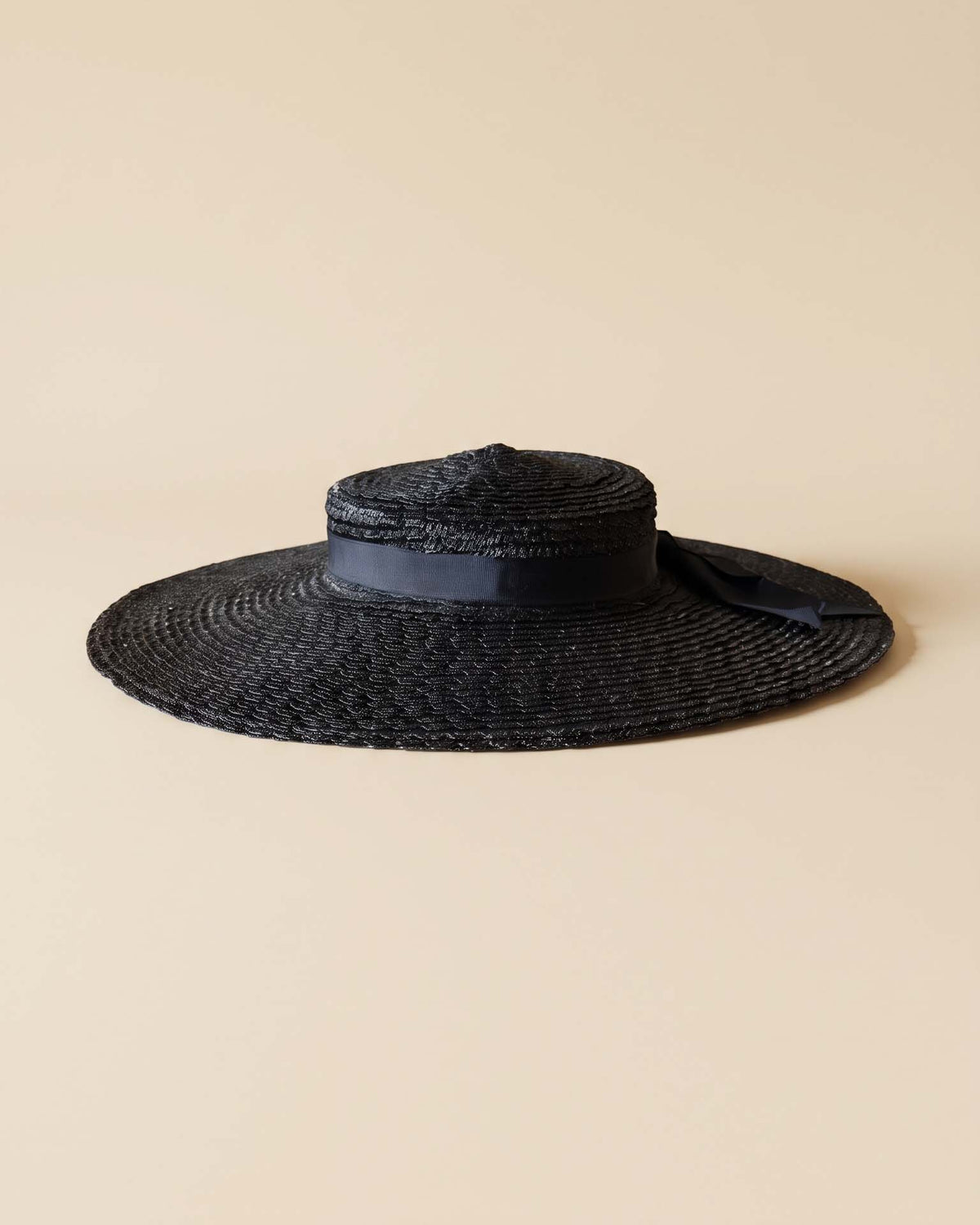 Vintage 1950s Black Straw Wide Brim Boater Hat Grosgrain Ribbon Bow Mid Century Women's Summer Picture Hat