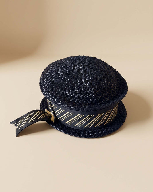 Vintage 1960s Inky Blue Black Straw Breton Hat Gold Ribbon Trim Short Brim Mod Mid Century Women's Summer Hat