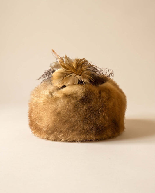 Vintage 1950s Honey Brown Mink Fur Hat | Feather Trimmed Pillbox Toque | Brown Veiling | Elegant Mid Century Winter Millinery