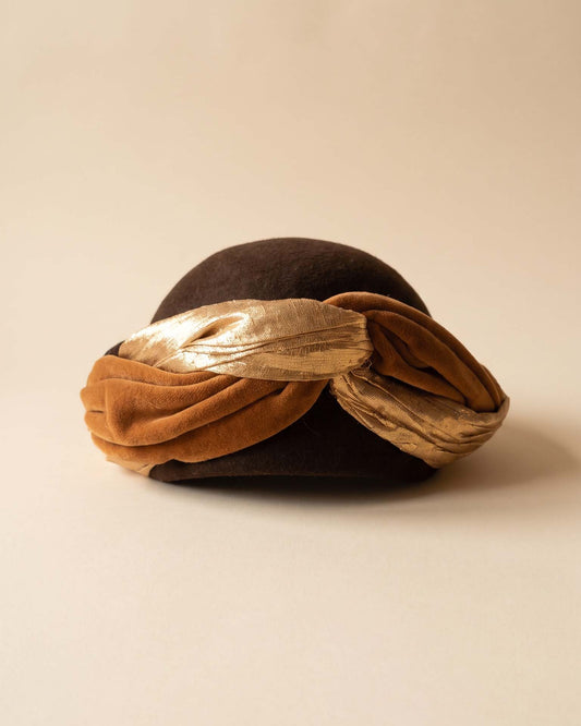 Vintage 1960s Brown Pillbox Hat | Paris Original Gold Lame Velvet Turban Trim | Mod Mid Century Designer Millinery
