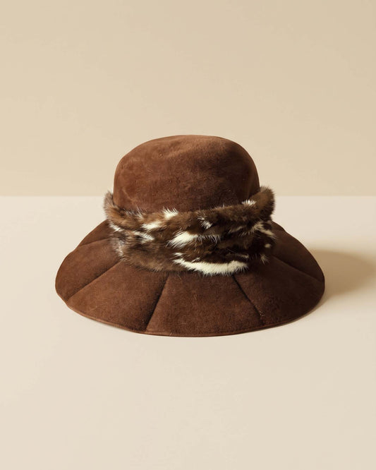 Vintage Lilly Daché Brown Velour Hat | 1960s Wide Brim Picture Hat | Spotted Fur Trim | Dachette's Designer Millinery