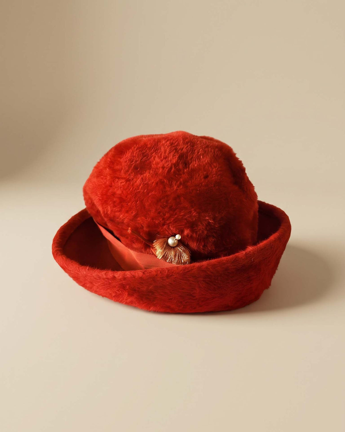 Vintage 1960s Red Plush Hat | Mod Brimmed Cloche Style | Pearl & Gold Tassel Accent | Retro Winter Fashion