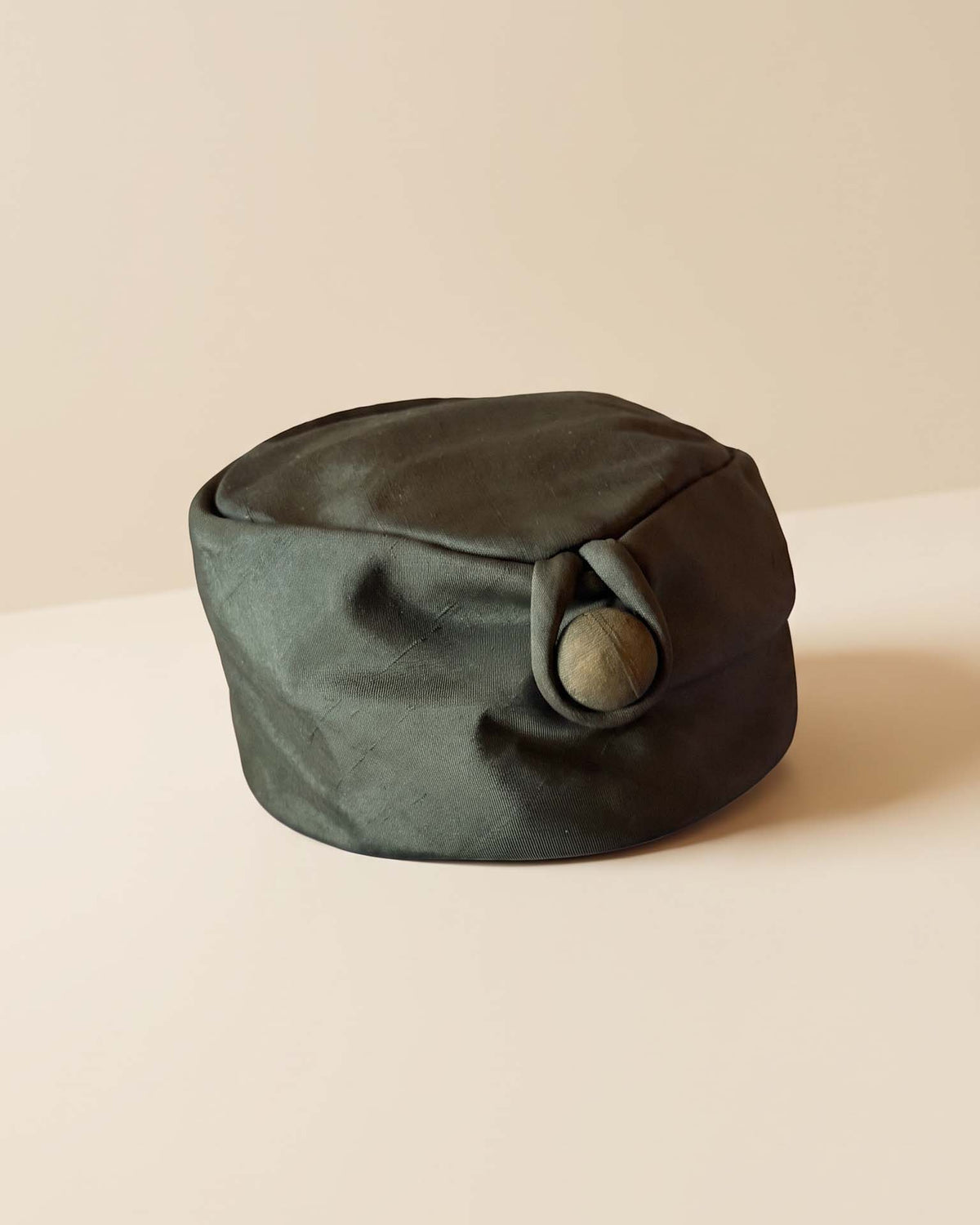Vintage 1950s Saks Fifth Avenue Faded Black Green Silk Taffeta Pillbox Hat Gold Button Mid Century Ladies Millinery