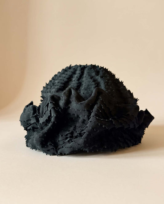 Vintage 1950s Black Cloche Hat Miss Elaine Textured Ribbon Ruffle Trim Mid Century Women's Millinery