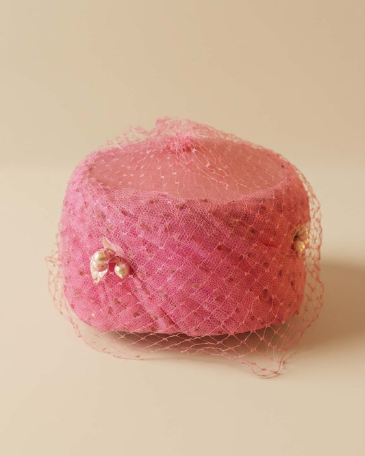 Vintage 1960s Pink Pillbox Hat with Birdcage Veil Pearl Accents Textured Lace Wedding Cocktail Church Hat