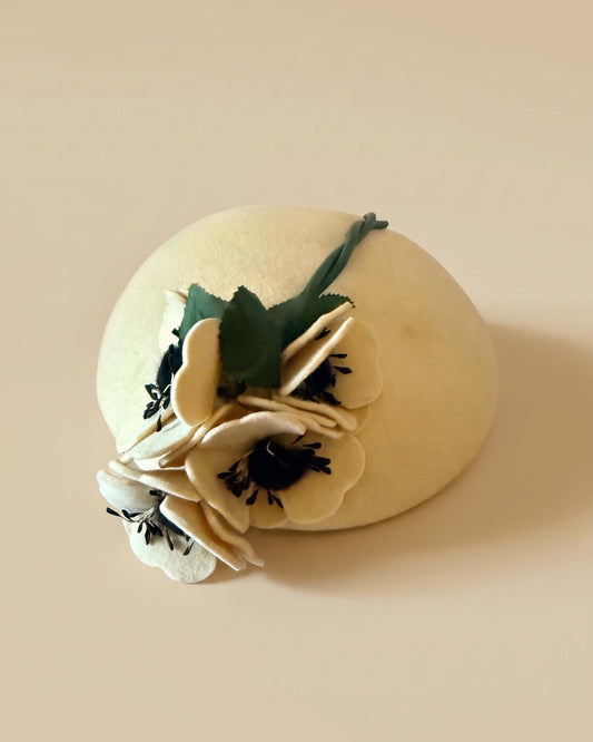 Vintage 1960s Ernie Ivory Wool Felt Floral Pillbox Hat Cream Flowers Black Centers Green Leaves Mid Century Designer Millinery