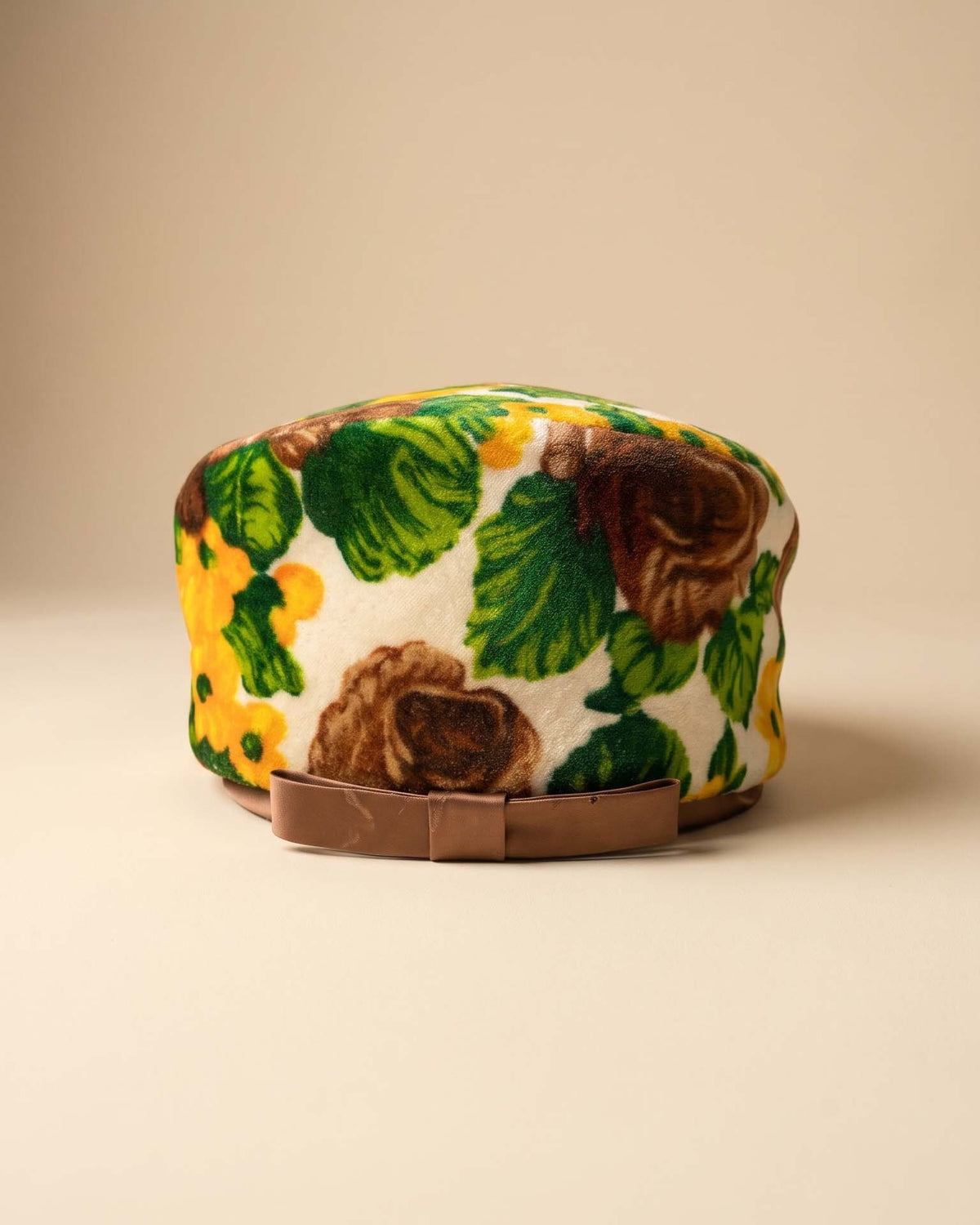 Vintage 1960s Floral Velvet Pillbox Hat Brown Yellow Green Rose Print Mod Retro Satin Bow Women's Mid Century Millinery