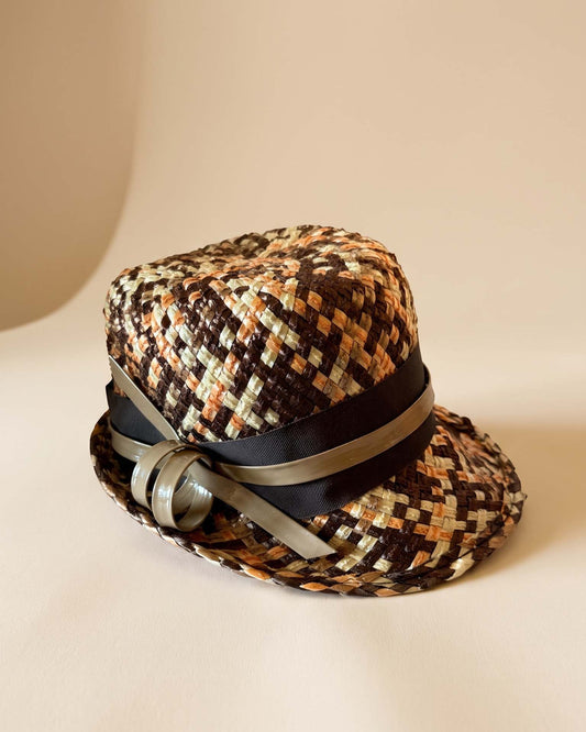 Vintage 1960s Woven Straw Cloche Hat Brown Peach Cream Multicolor Raffia Bucket Hat Mod Ribbon Trim Retro Summer Millinery