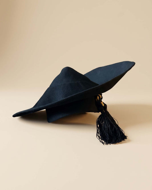 Vintage 1940s Black Felt Wide Brim Tilt Hat Meg's New York Gold Cord Tassels Dramatic Women's Millinery