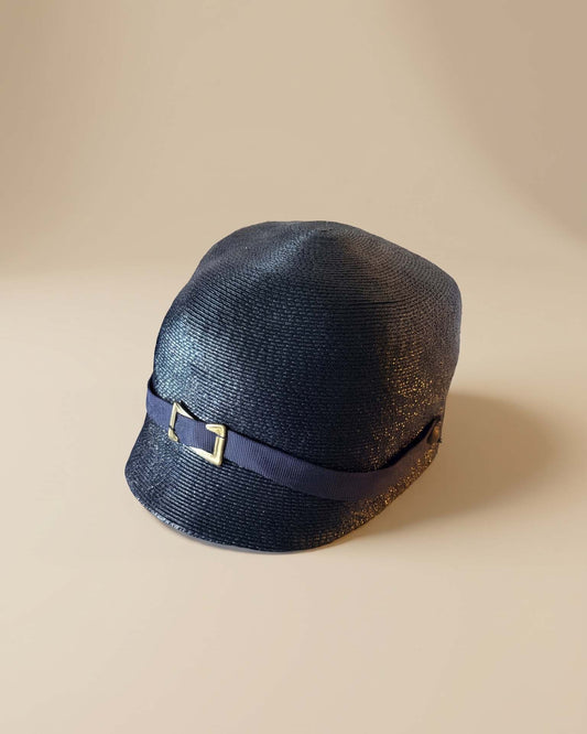 Vintage 1960s Inky Blue Black Straw Cloche Hat Navy Ribbon Gold Buckle Structured Brim Retro Women's Millinery