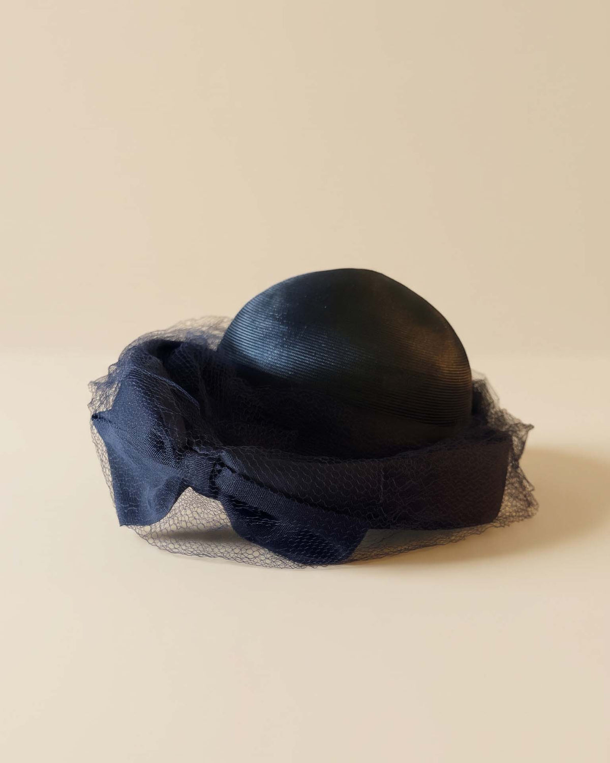 Vintage 1950s Gage Navy Blue Derby Hat Large Grosgrain Bow Veil Mid Century Saucer Hat Designer Millinery