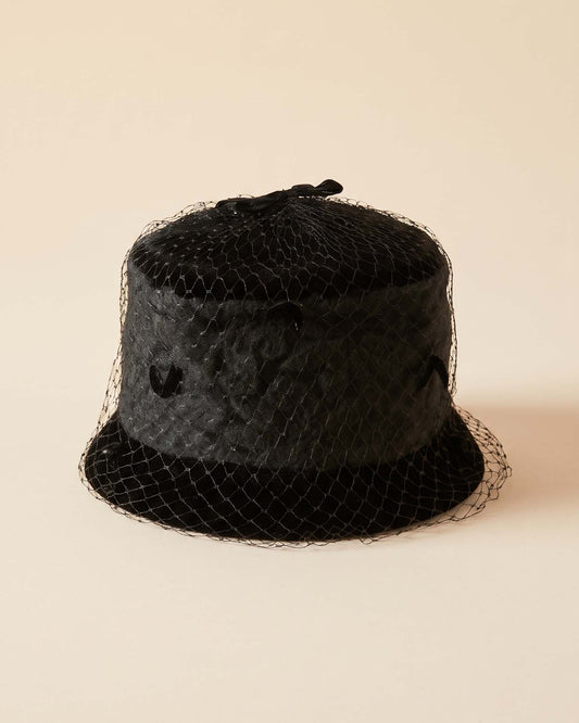 Vintage 1960s Black Velvet Bucket Cloche Hat with Birdcage Veiling and Floral Texture Women's Millinery