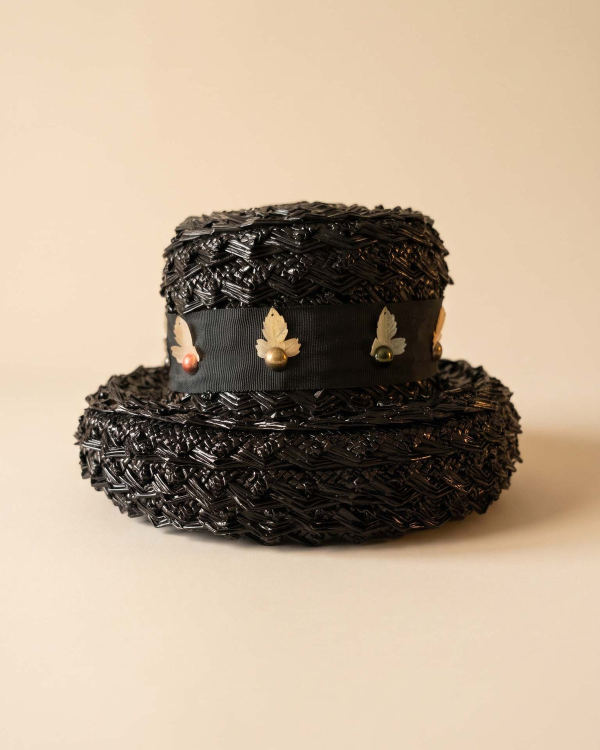 Vintage 1950s Black Straw Brimmed Hat Metallic Gold Leaf Trim Black Ribbon Mid Century Women's Millinery