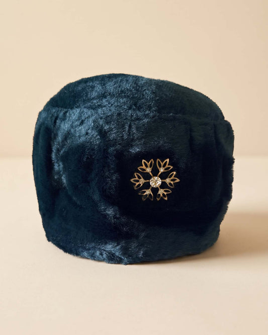 Vintage 1960s Black Faux Fur Toque Hat Gold Snowflake Rhinestone Accent Winter Pillbox Style Women's Hat