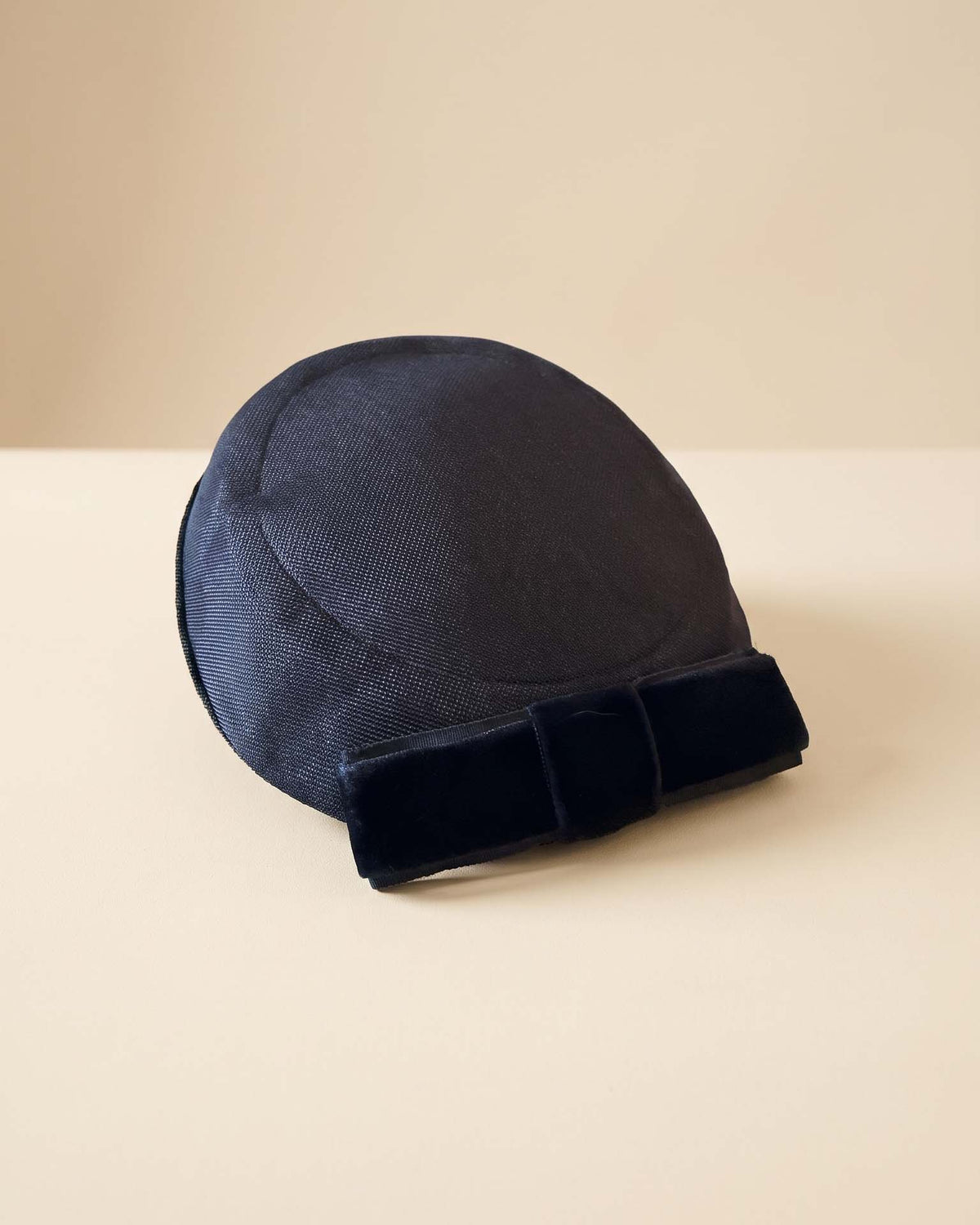 Vintage 1960s Navy Blue Straw Pillbox Hat Velvet Bow Mid Century Mod Structured Women's Millinery