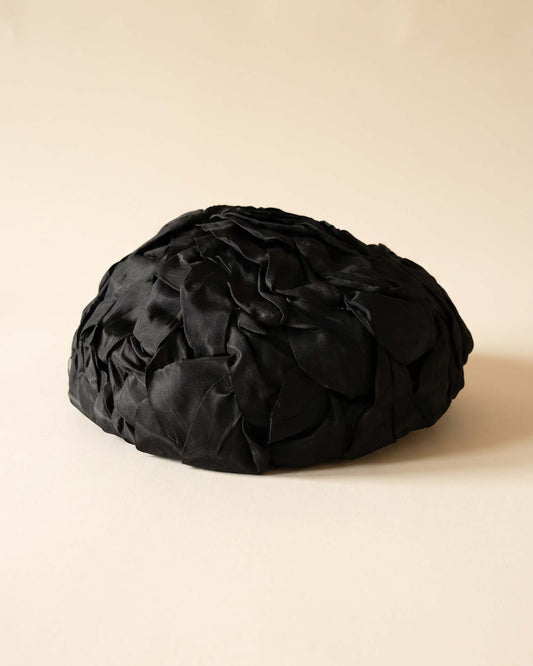 Vintage 1950s Mr Milton Black Silk Ribbon Pillbox Hat Floral Petal Cocktail Hat Mid Century Millinery