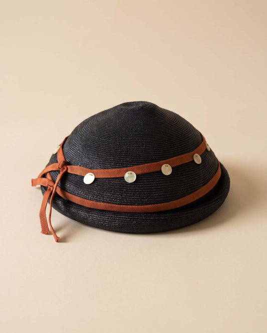 Vintage 1950s Rosine Original Navy Straw Cloche Hat Rust Orange Grosgrain Ribbon Mother of Pearl Buttons New York Millinery