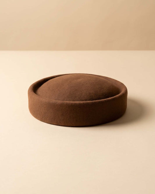 Vintage Mabel Minneapolis Brown Wool Felt Pillbox Hat 1950s 1960s Structured Rolled Brim Colorful Striped Lining Mid Century Millinery