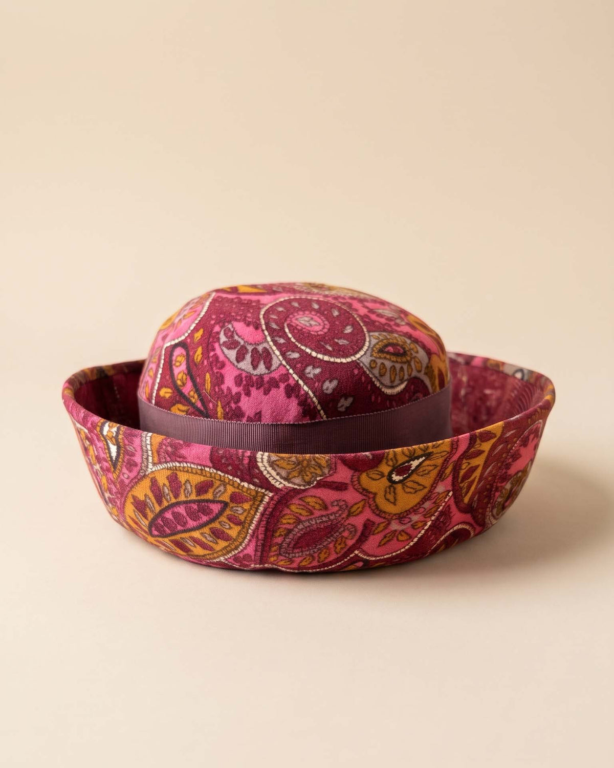 Vintage 1960s Mr Lewis Paisley Hat Pink Burgundy Mustard Wide Brim Mod Women's Hat Mid Century Millinery