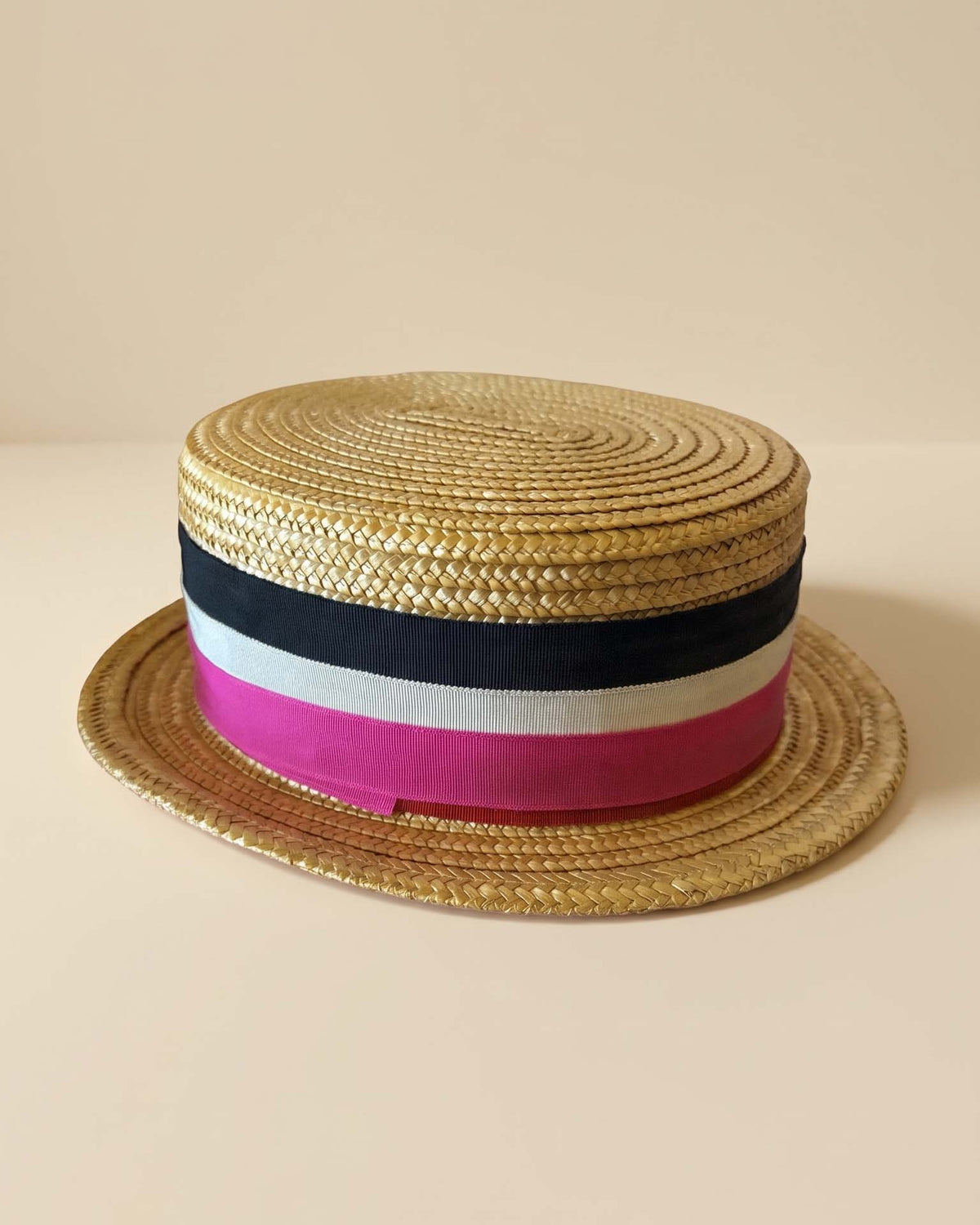 Vintage Italian Straw Boater Hat 1960s 1970s Pink Black White Ribbon Flat Crown Summer Hat Made in Italy