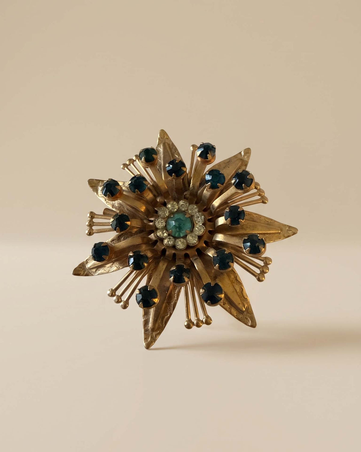 Vintage 1950s Starburst Brooch Gold Tone Blue Rhinestone Aqua Crystal Atomic Sputnik Mid Century Modern Costume Jewelry Pin