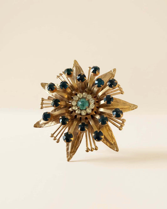 Vintage 1950s Starburst Brooch Gold Tone Blue Rhinestone Aqua Crystal Atomic Sputnik Mid Century Modern Costume Jewelry Pin