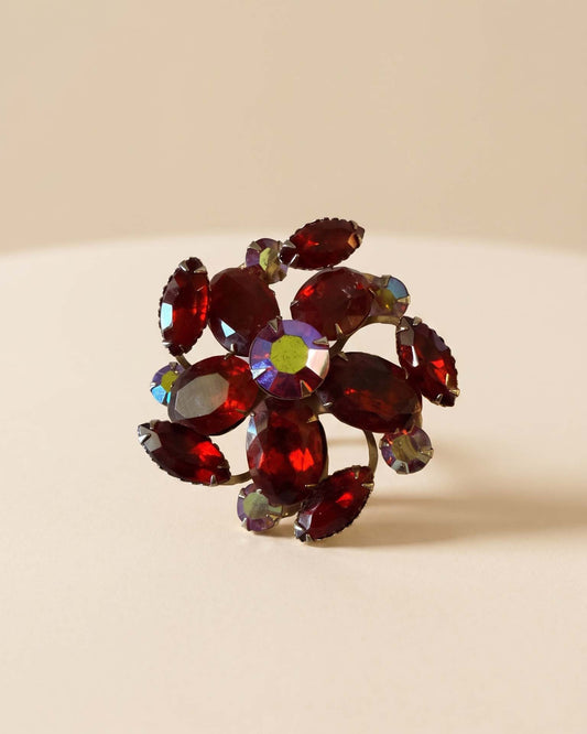 Vintage 1950s Red Rhinestone Christmas Brooch Aurora Borealis Crystal Flower Starburst Holiday Costume Jewelry Pin