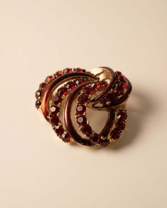 Vintage 1950s Red Rhinestone Brooch Ruby Red Enamel Swirl Ribbon Pin Gold Tone Mid Century Christmas Costume Jewelry